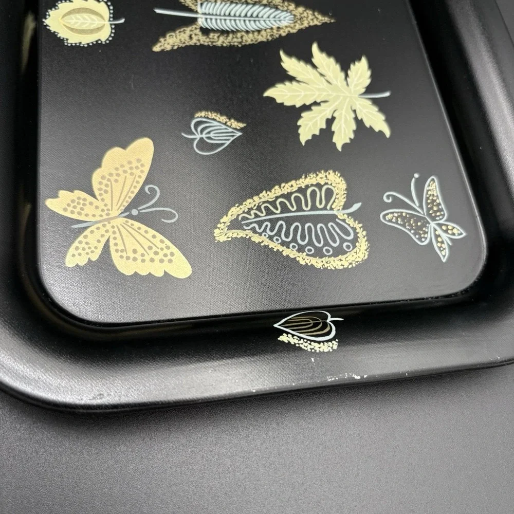 MCM Metal Trays Serving Platters Butterflies Leaves Flowers Black Gold 1960 8pc